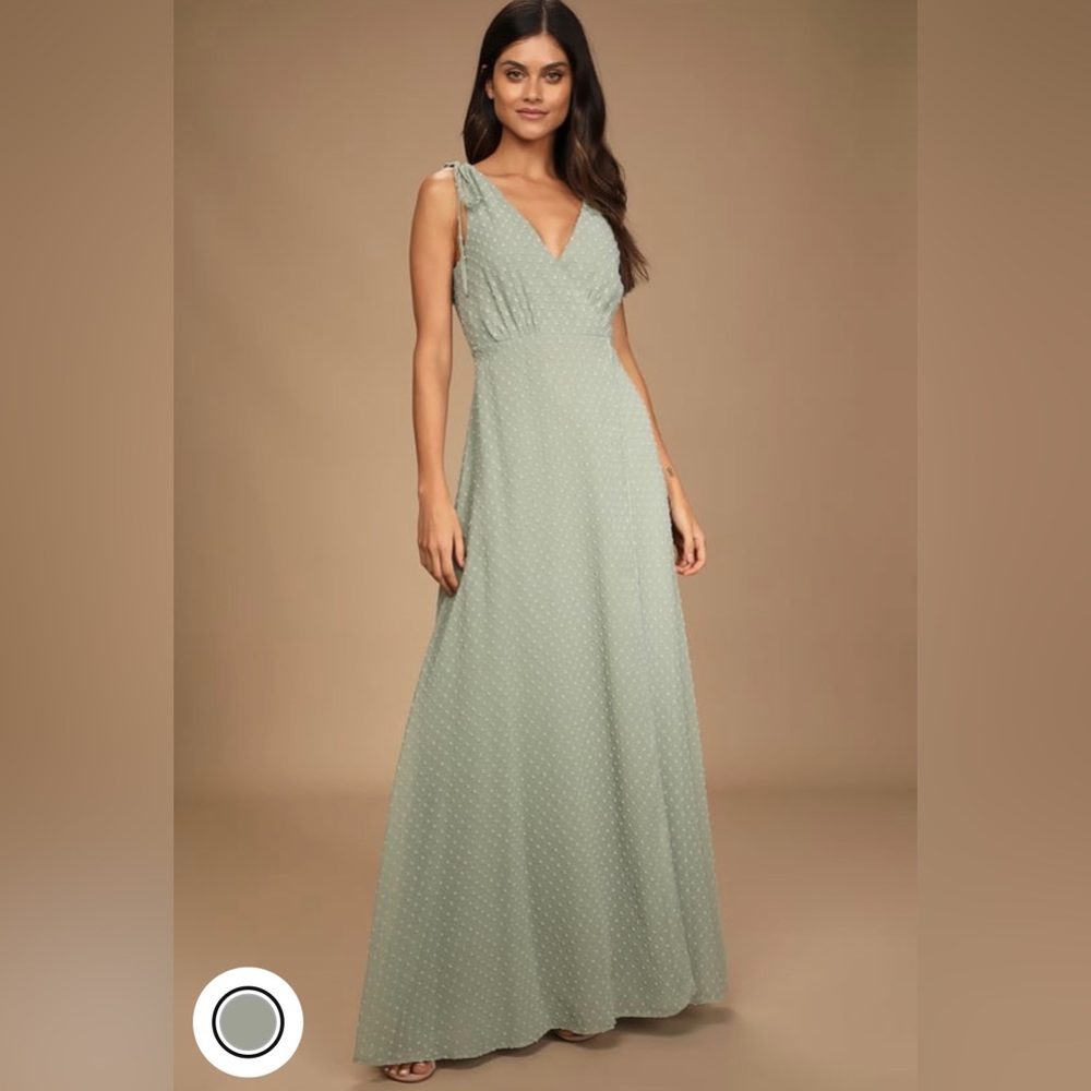 Lulus Romantic Possibilities Sage Brush Swiss Dot Maxi Dress NWT